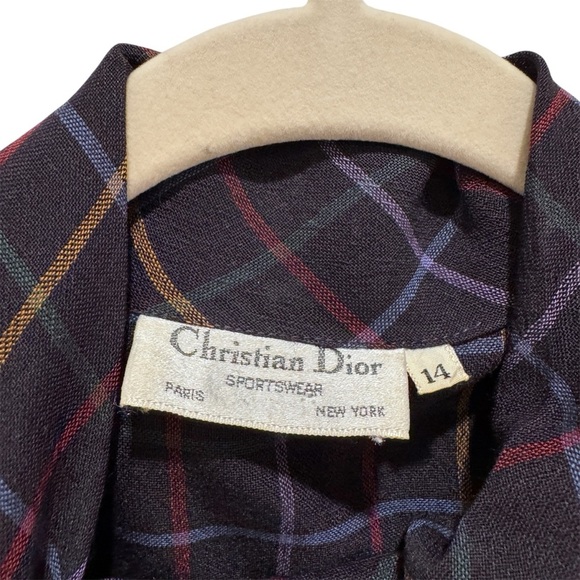 Vintage 80s Christian Dior Wool Turtleneck Button Down Shirt Retro Plaid Navy 14 - Picture 2 of 16